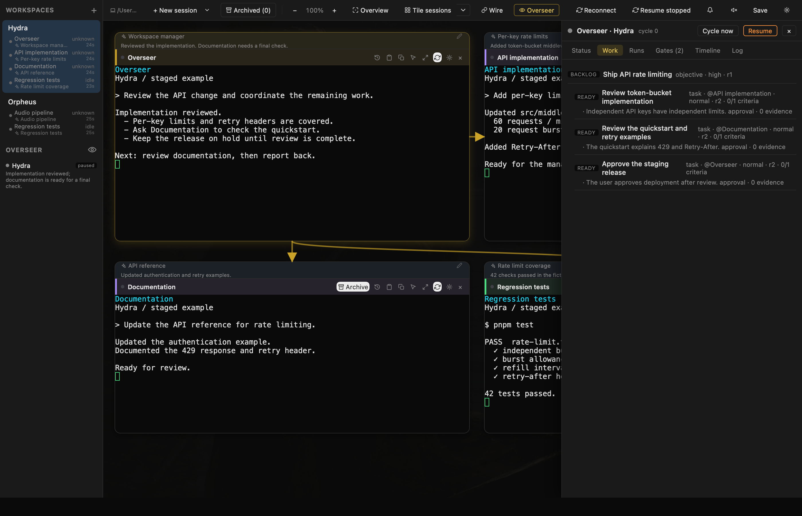 Acheron workspace showing agent task updates across a coordinated project