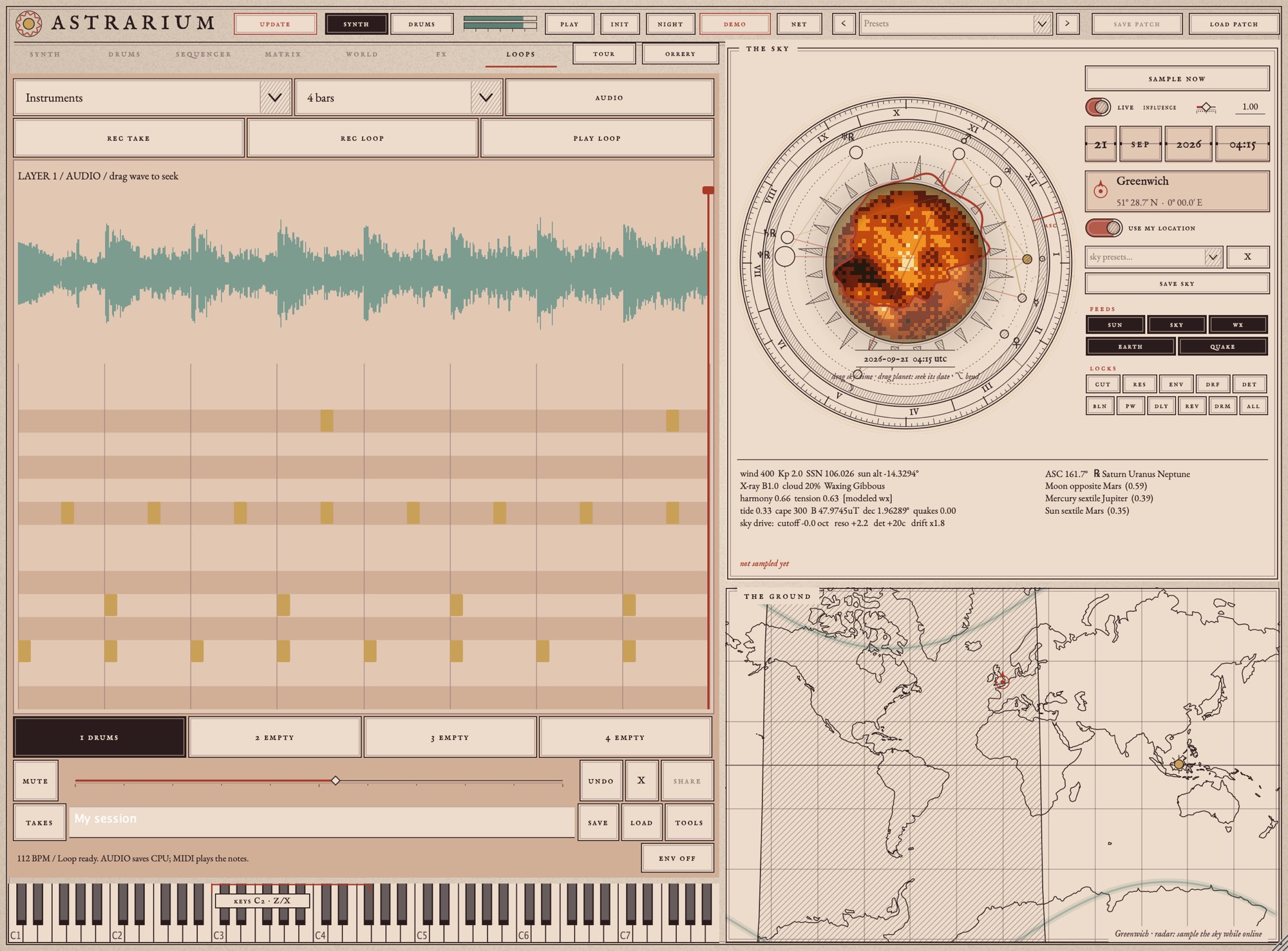 Astrarium loops page with a recorded drum loop and its waveform