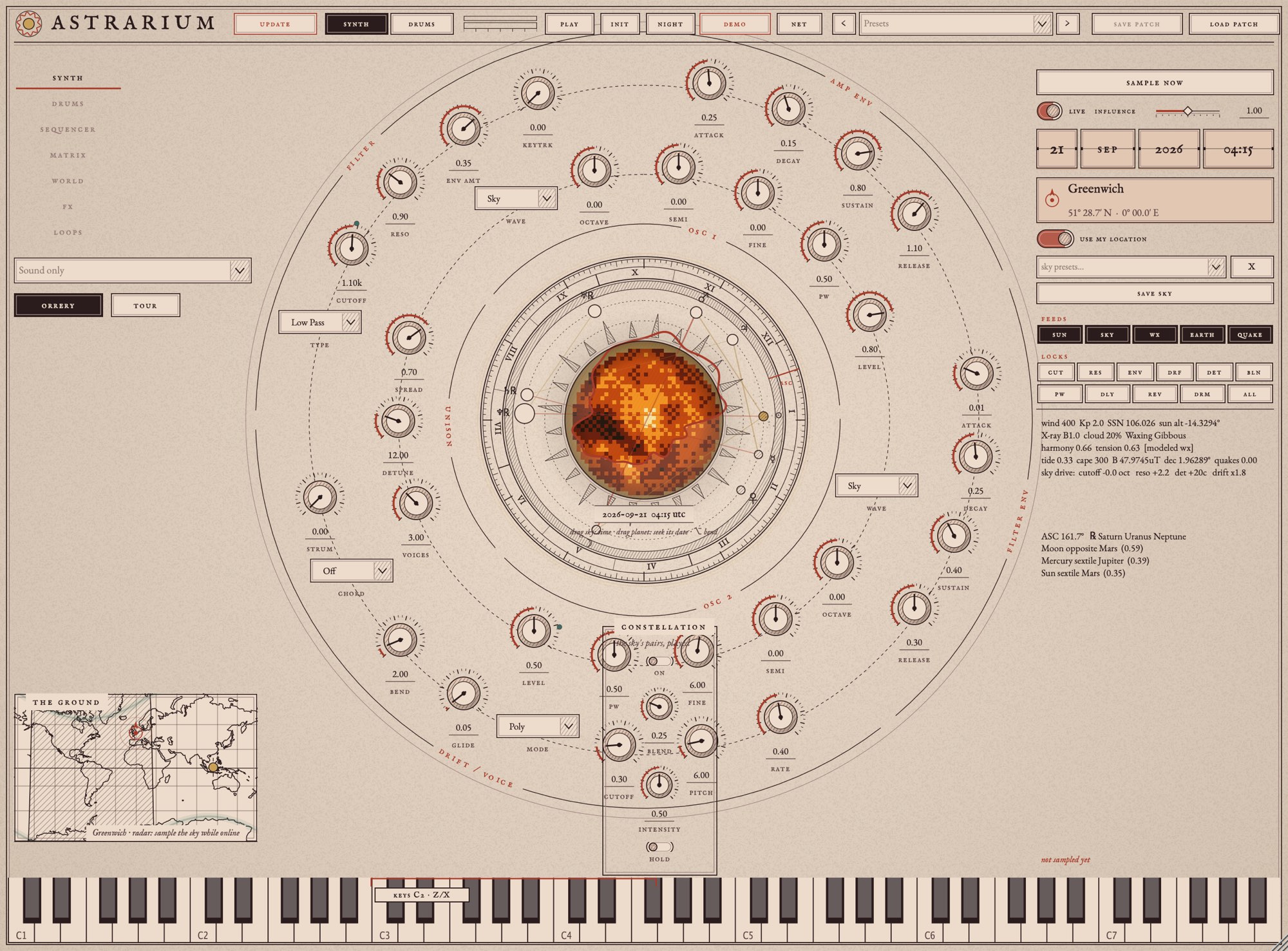 Astrarium orrery view with synthesizer dials arranged around the sky