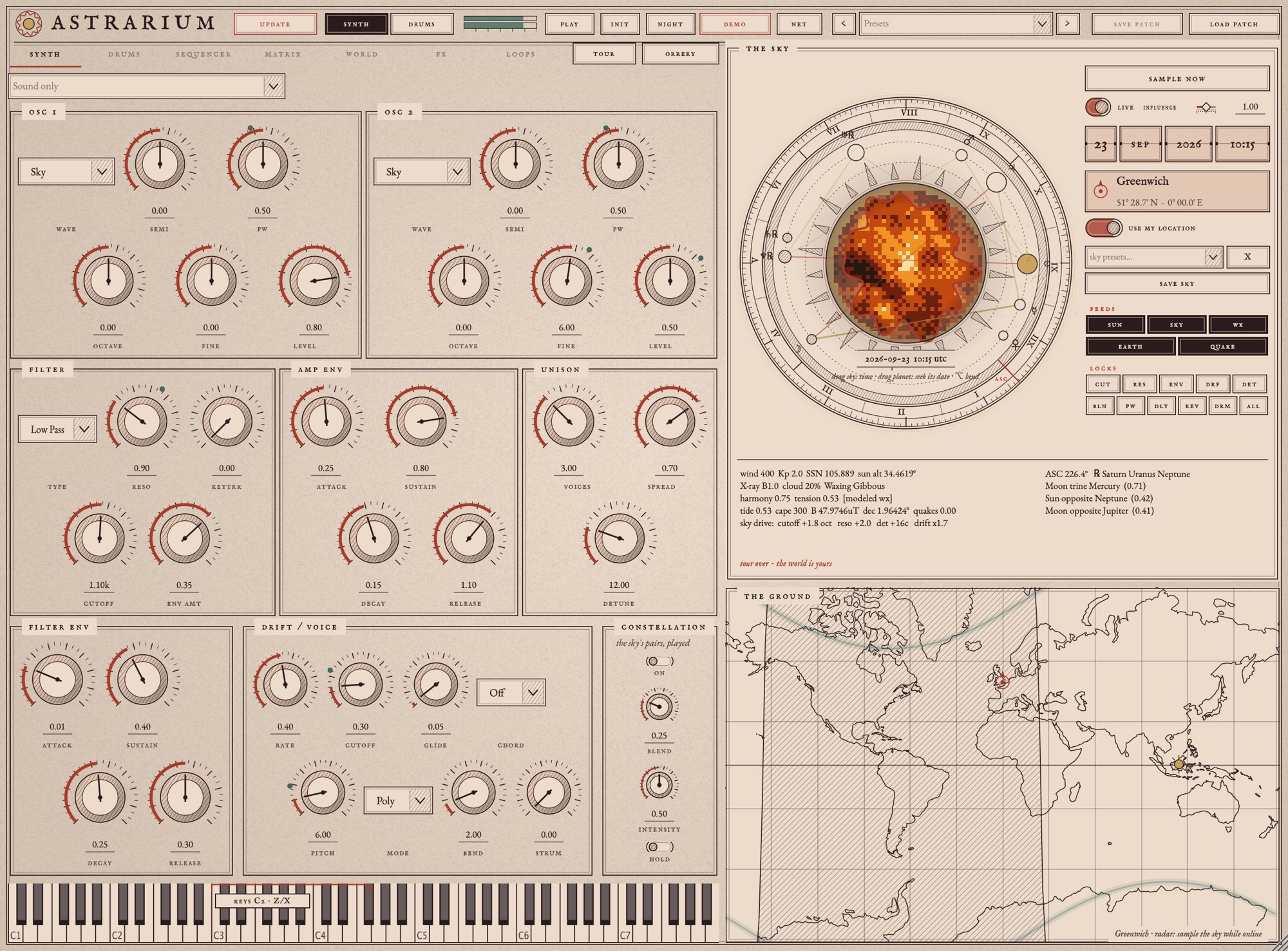 Astrarium synthesizer controls beside the computed sky wheel and world map