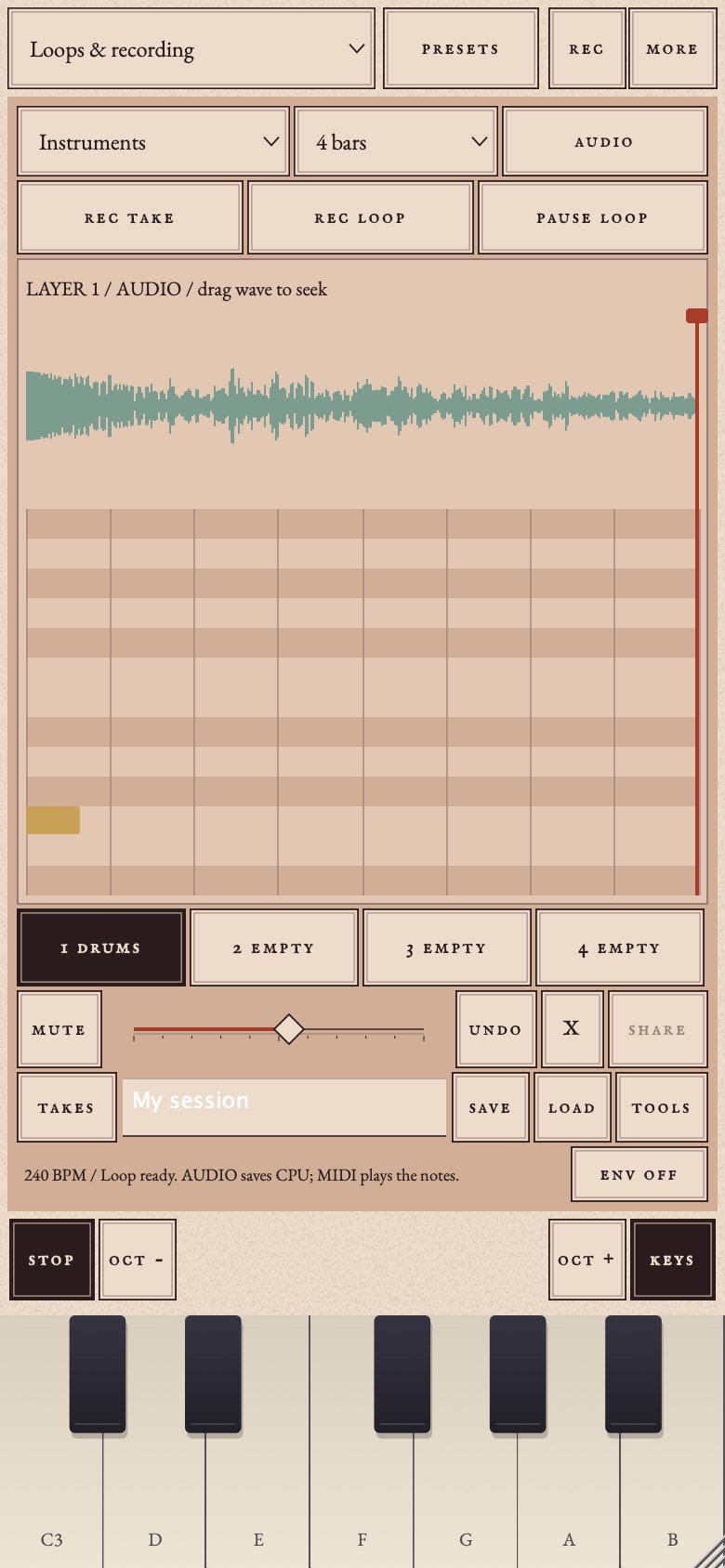 Loops on iPhone: a captured drum loop with its waveform