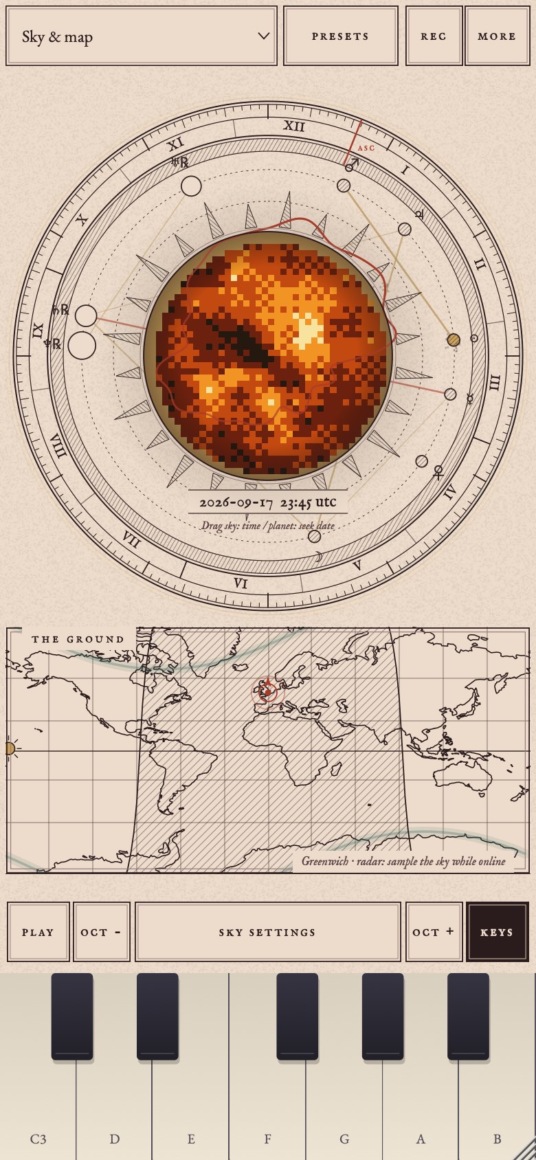 Astrarium on iPhone: the sky page with the plasma sun and the world map