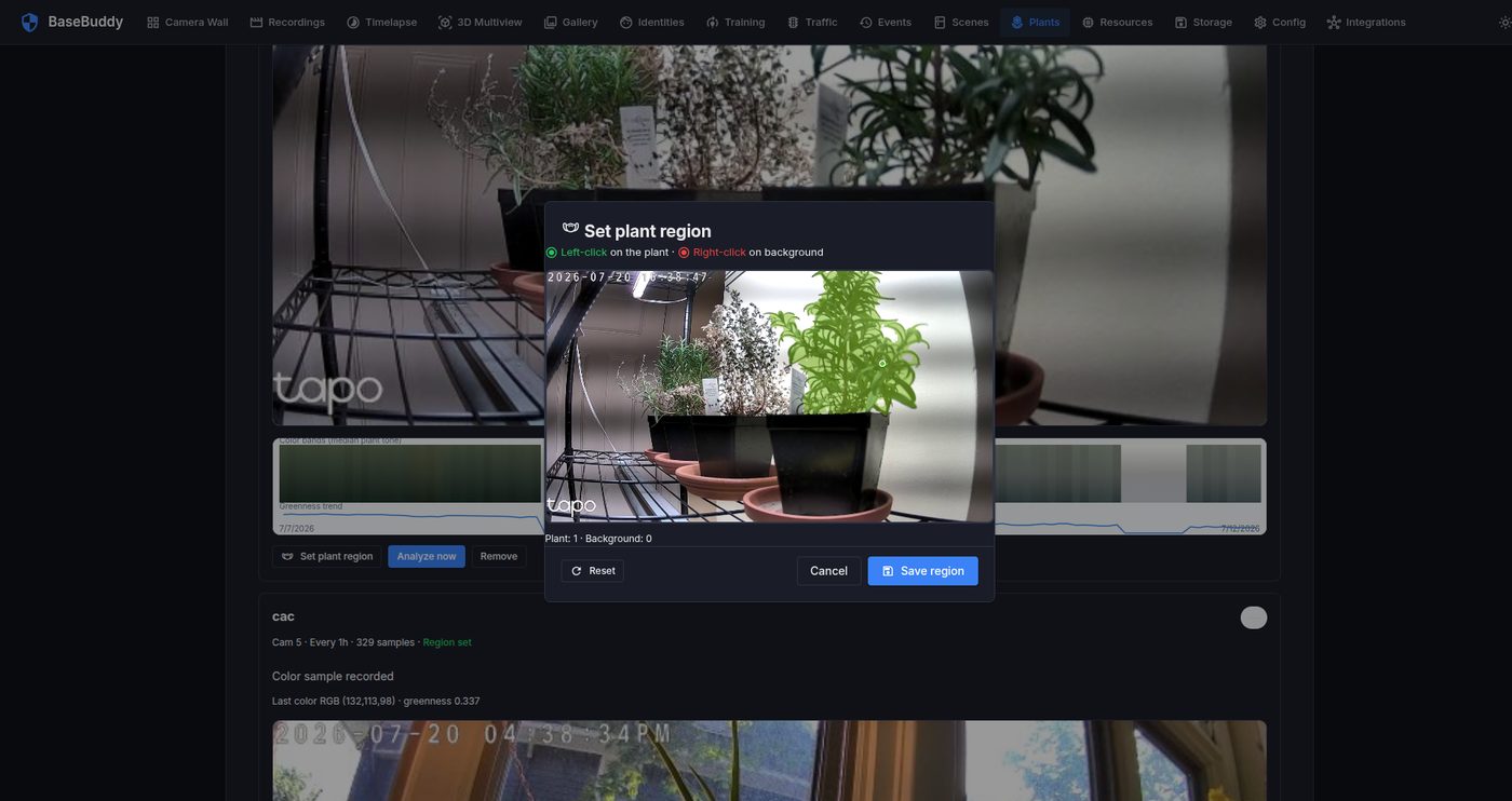 BaseBuddy plant tracking interface for selecting a region and monitoring color and health trends