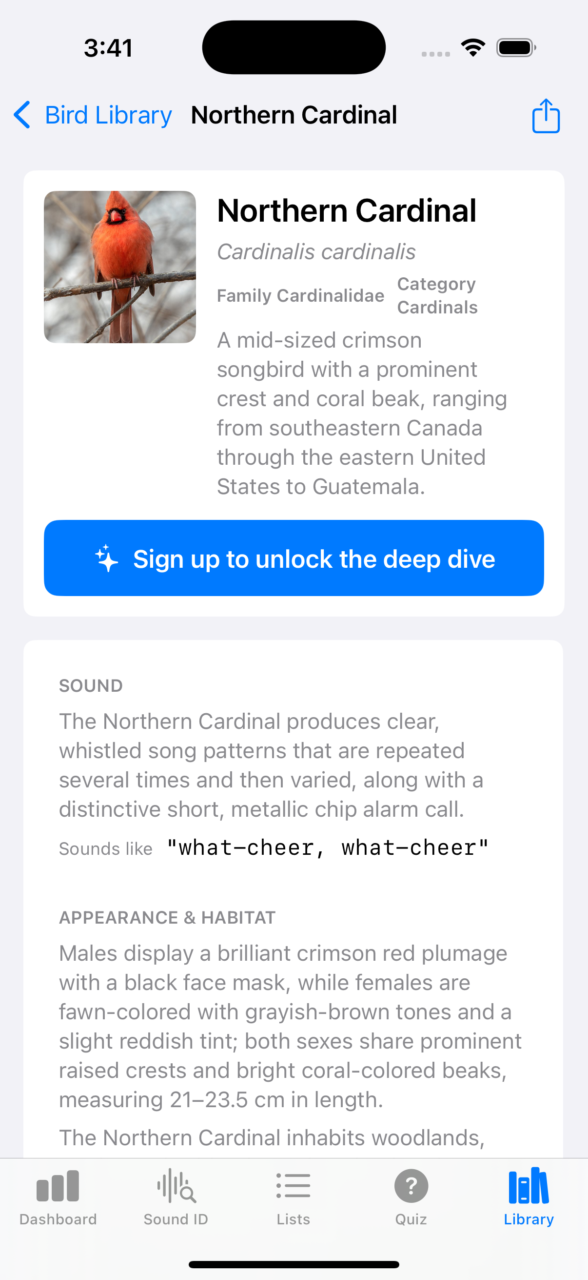 Northern Cardinal guide with bird photograph, sound description, appearance, and habitat