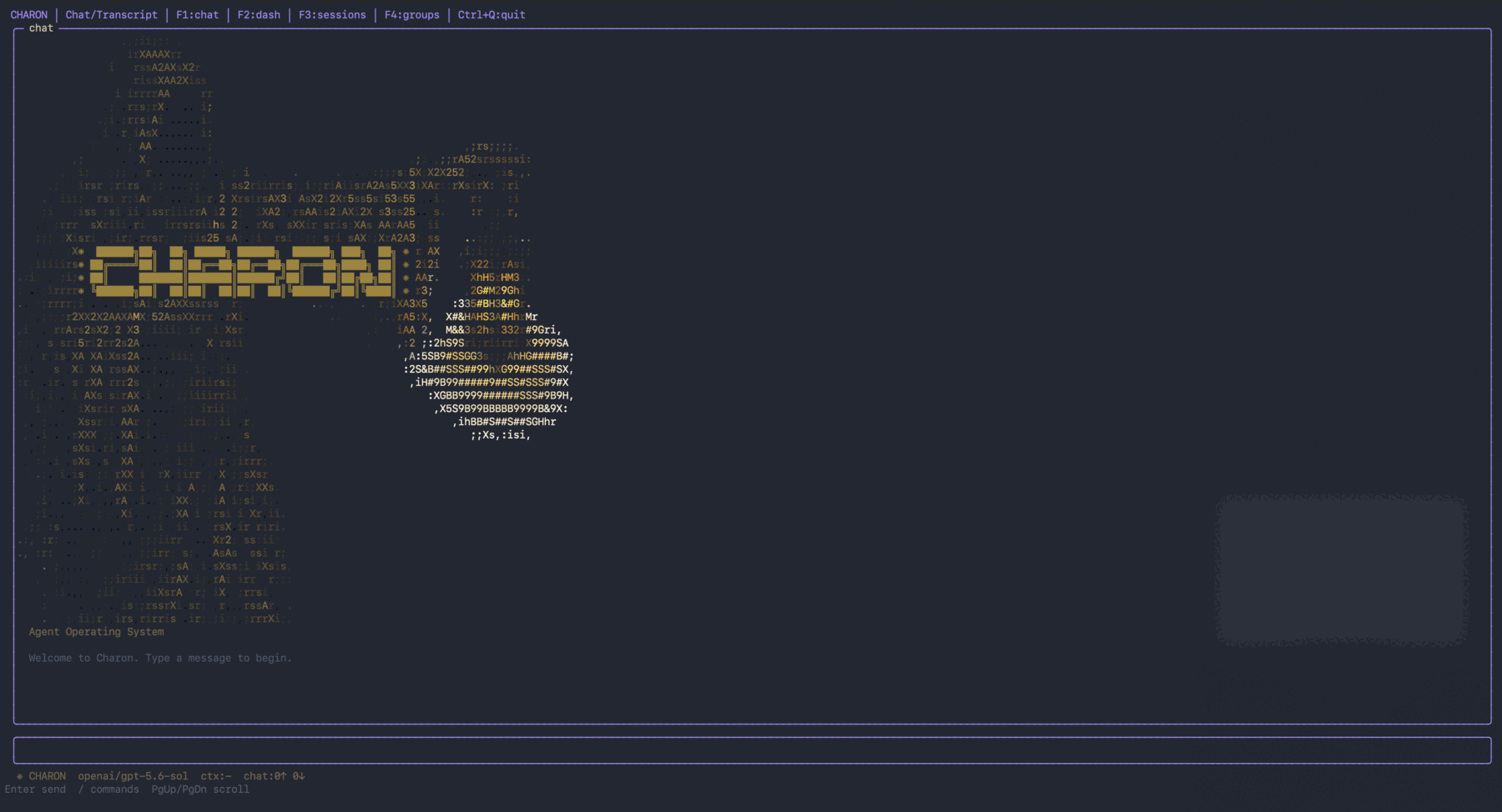 Charon terminal workspace with chat, dashboard, sessions, groups, model status, and Charon artwork