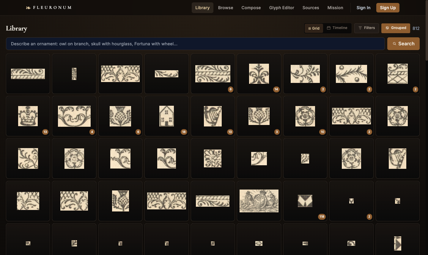 Fleuronum library showing a searchable grid of historical printers' ornaments
