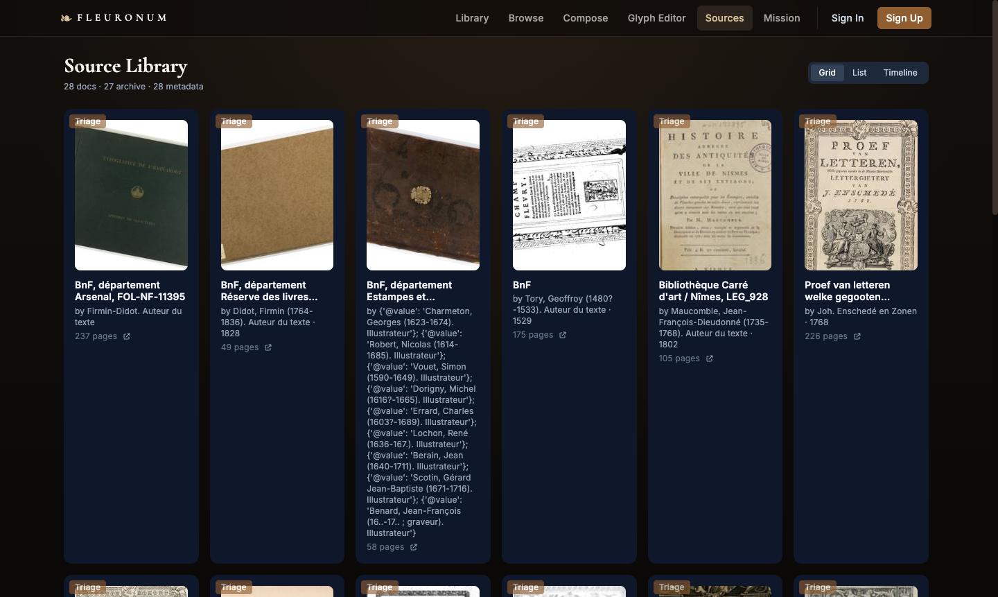 Fleuronum source library with historical books and their archival metadata